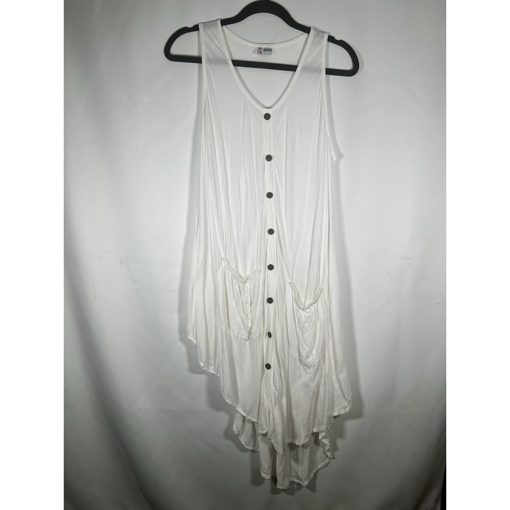 Asha White tank dress Button Front Asymmetrical Hem OversizedPockets Easy Wear